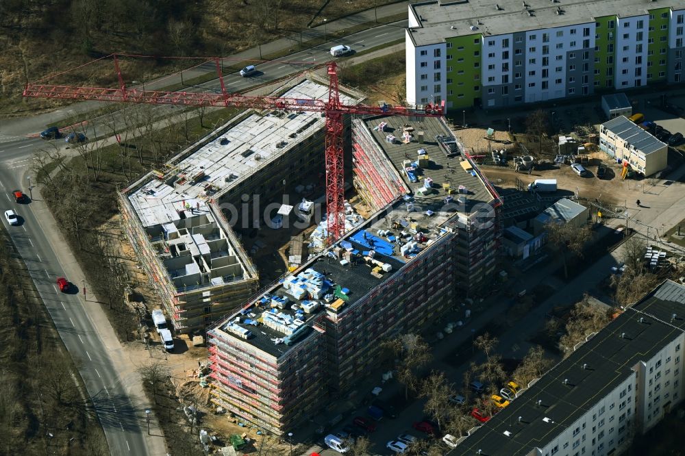 Luftaufnahme Berlin - Baustelle zum Neubau einer Mehrfamilienhaus-Wohnanlage an der Seehausener Straße Ecke Pablo-Picasso-Straße in Berlin, Deutschland