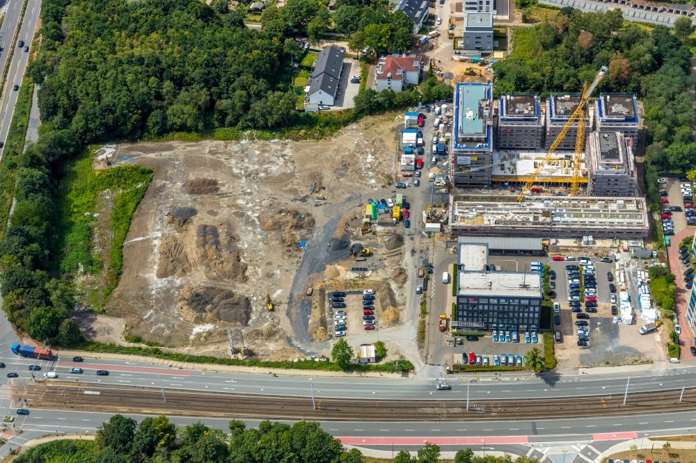 Bochum von oben - Baustelle zum Neubau einer Mehrfamilienhaus-Wohnanlage 7 Stones im Ortsteil Wiemelhausen in Bochum im Bundesland Nordrhein-Westfalen, Deutschland