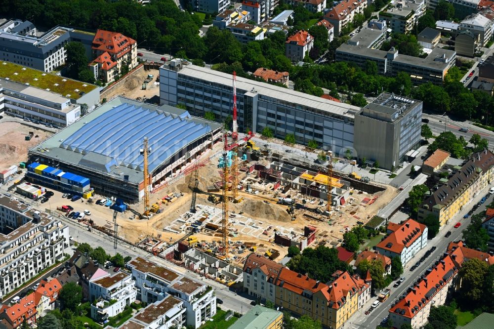 Luftaufnahme München - Baustelle zum Neubau einer Mehrfamilienhaus-Wohnanlage Tölzer Straße - Plinganserstraße - Deckelhalle in München im Bundesland Bayern, Deutschland