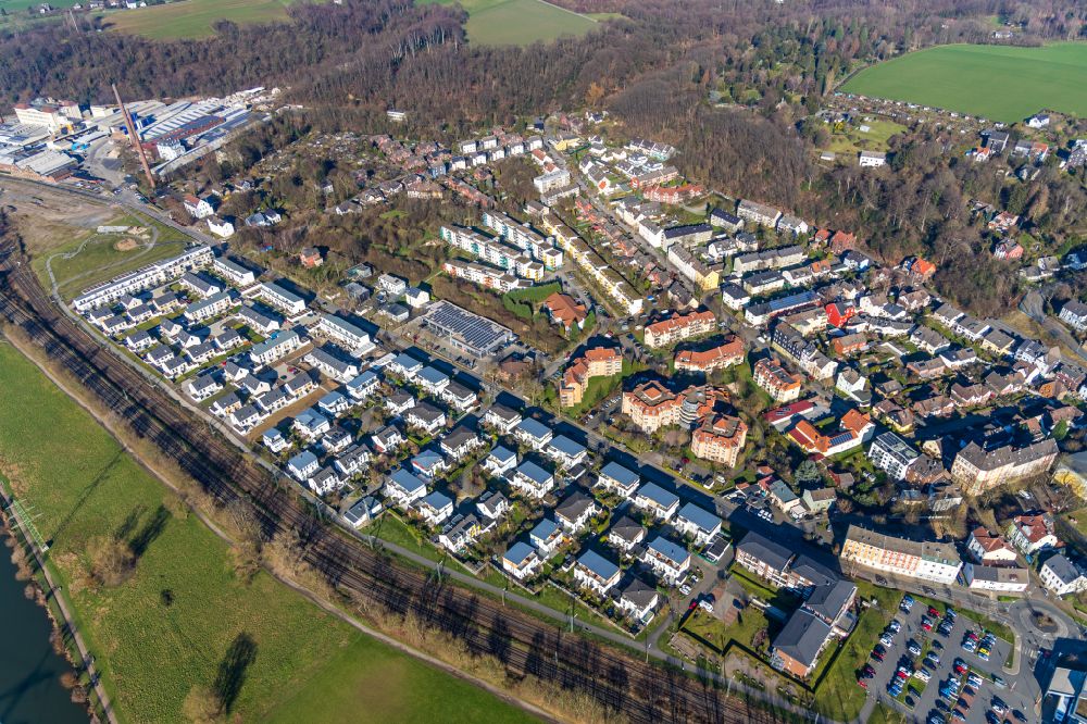 Luftaufnahme Bochum - Baustelle zum Neubau einer Mehrfamilienhaus-Wohnanlage der WILMA Wohnen West Projekte GmbH in Bochum im Bundesland Nordrhein-Westfalen, Deutschland