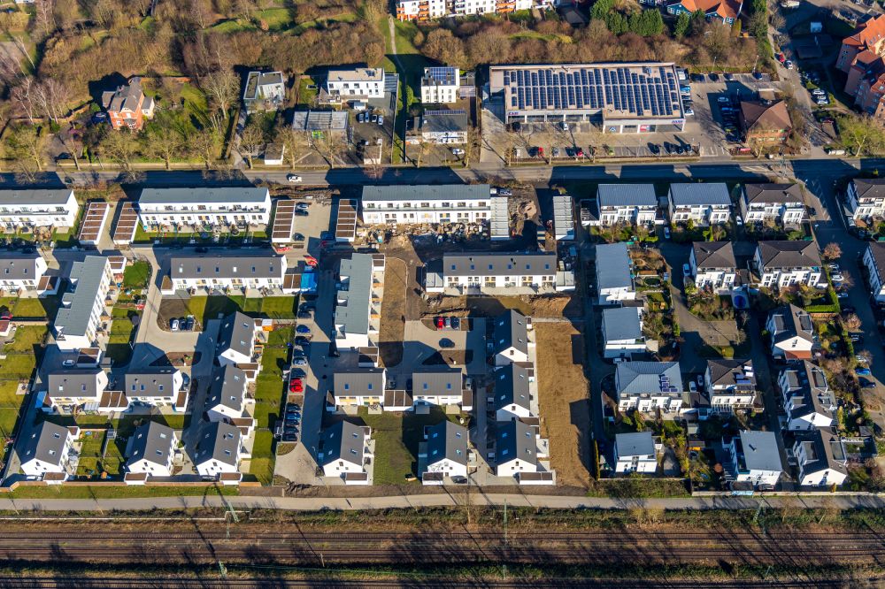 Bochum aus der Vogelperspektive: Baustelle zum Neubau einer Mehrfamilienhaus-Wohnanlage der WILMA Wohnen West Projekte GmbH in Bochum im Bundesland Nordrhein-Westfalen, Deutschland