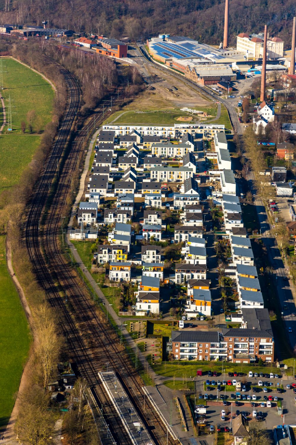 Luftbild Bochum - Baustelle zum Neubau einer Mehrfamilienhaus-Wohnanlage der WILMA Wohnen West Projekte GmbH in Bochum im Bundesland Nordrhein-Westfalen, Deutschland