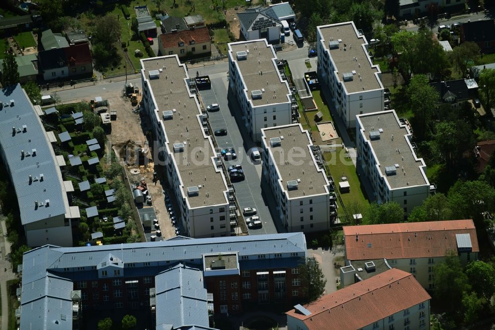Teltow von oben - Baustelle zum Neubau einer Mehrfamilienhaus-Wohnanlage Wohnen am Striewitzweg der Bonava Deutschland GmbH in Teltow im Bundesland Brandenburg, Deutschland