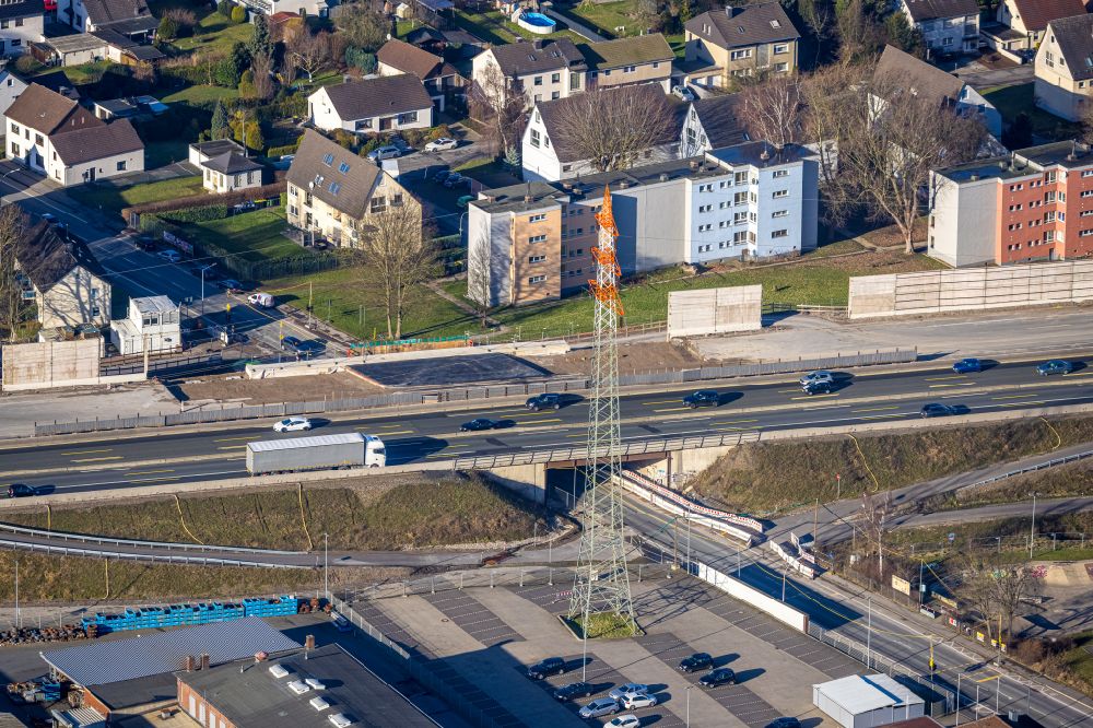 Luftaufnahme Unna - Baustelle zum Neubau eines Regenwasserkanals und Baustraßen am Autobahn- Streckenverlauf der BAB A1 in Unna im Bundesland Nordrhein-Westfalen, Deutschland