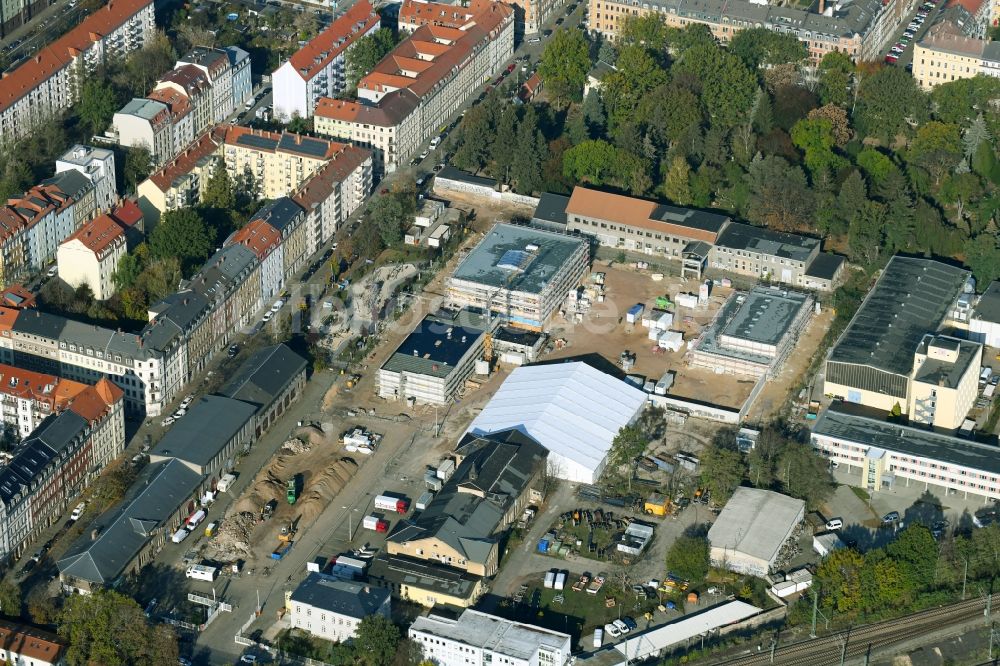 Dresden von oben - Baustelle zum Neubau Schul- Gebäude und der Kita Drewag-Areal in Dresden im Bundesland Sachsen, Deutschland