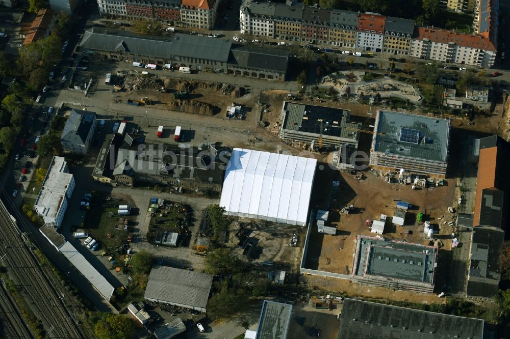 Luftaufnahme Dresden - Baustelle zum Neubau Schul- Gebäude und der Kita Drewag-Areal in Dresden im Bundesland Sachsen, Deutschland
