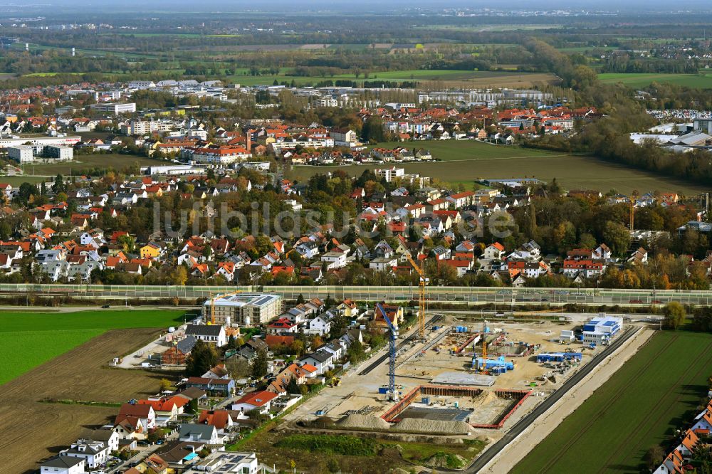 Luftaufnahme Karlsfeld - Baustelle zum Neubau des Schulgebäudes - Gymnasium in Karlsfeld im Bundesland Bayern, Deutschland