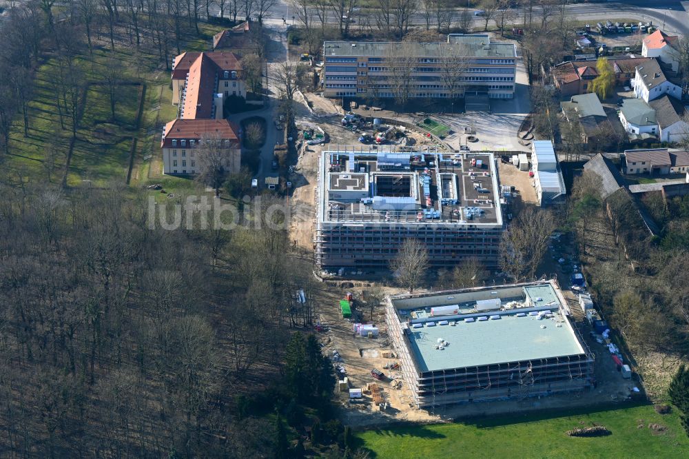 Luftaufnahme Berlin - Baustelle zum Neubau des Schulgebäudes Grundschule unter den Bäumen im Ortsteil Blankenburg in Berlin, Deutschland