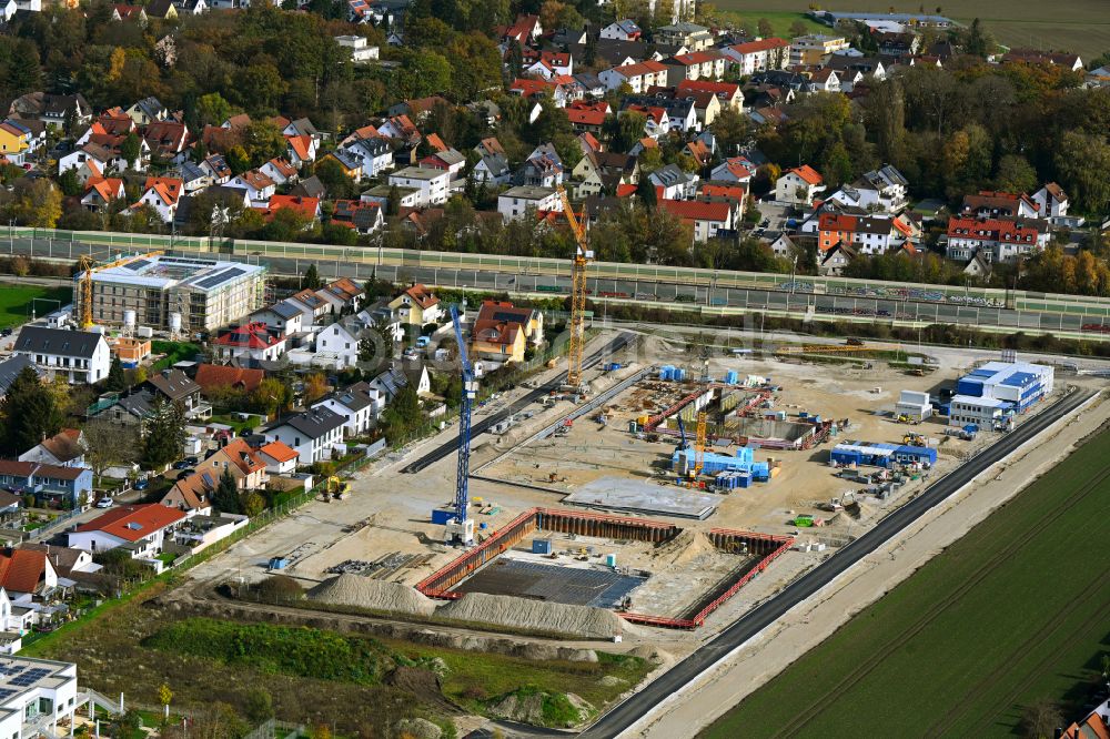 Karlsfeld aus der Vogelperspektive: Baustelle zum Neubau des Schulgebäudes - Gymnasium in Karlsfeld im Bundesland Bayern, Deutschland