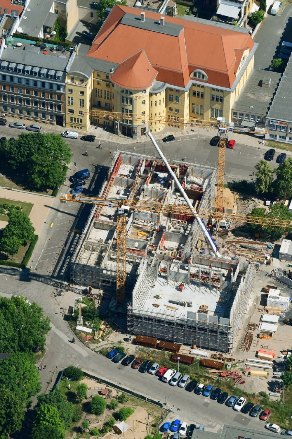 Luftbild Leipzig - Baustelle zum Neubau des Schulgebäudes an der Jablonowskistraße in Leipzig im Bundesland Sachsen, Deutschland