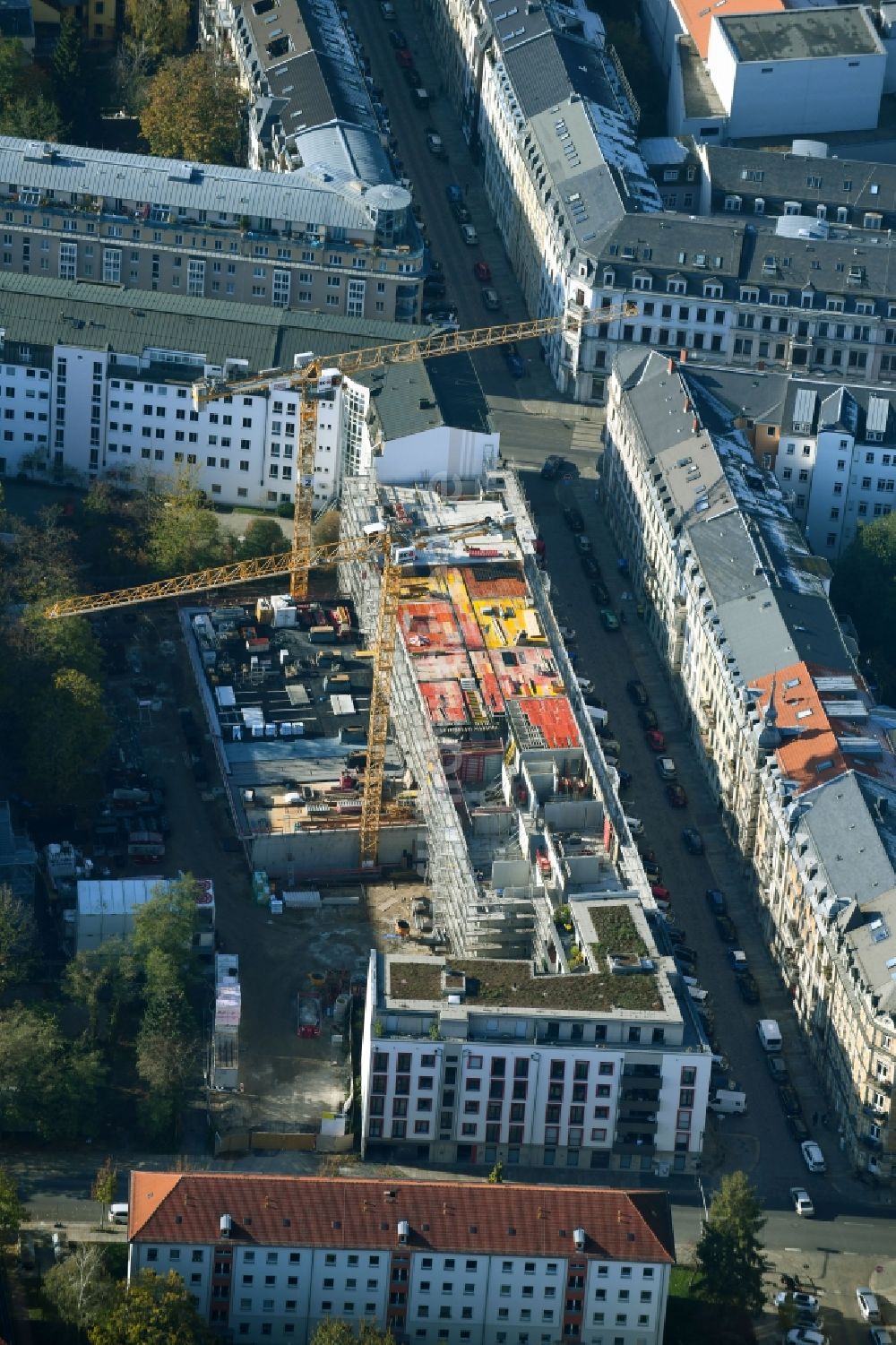 Luftbild Dresden - Baustelle zum Neubau des Schulgebäudes der Dr.-Zeigner-Schule an der Tieckstraße in Dresden im Bundesland Sachsen, Deutschland