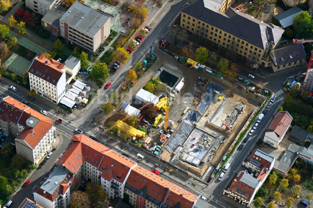 Luftaufnahme Leipzig - Baustelle zum Neubau der Schwimmhalle auf dem Otto-Runki-Platz in Leipzig im Bundesland Sachsen, Deutschland