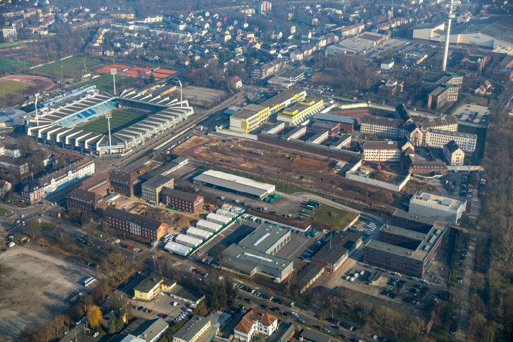 Luftaufnahme Bochum - Baustelle zum Neubau einer Sozialtherapeutische Anstalt ( SothA ) der Justizvollzugsanstalt JVA an der Krümmede in Bochum im Bundesland Nordrhein-Westfalen, Deutschland