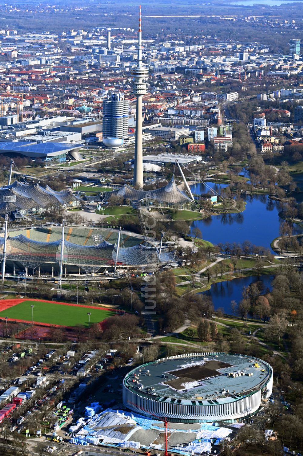 Luftbild München - Baustelle zum Neubau der Sporthalle SAP Garden in München im Bundesland Bayern, Deutschland