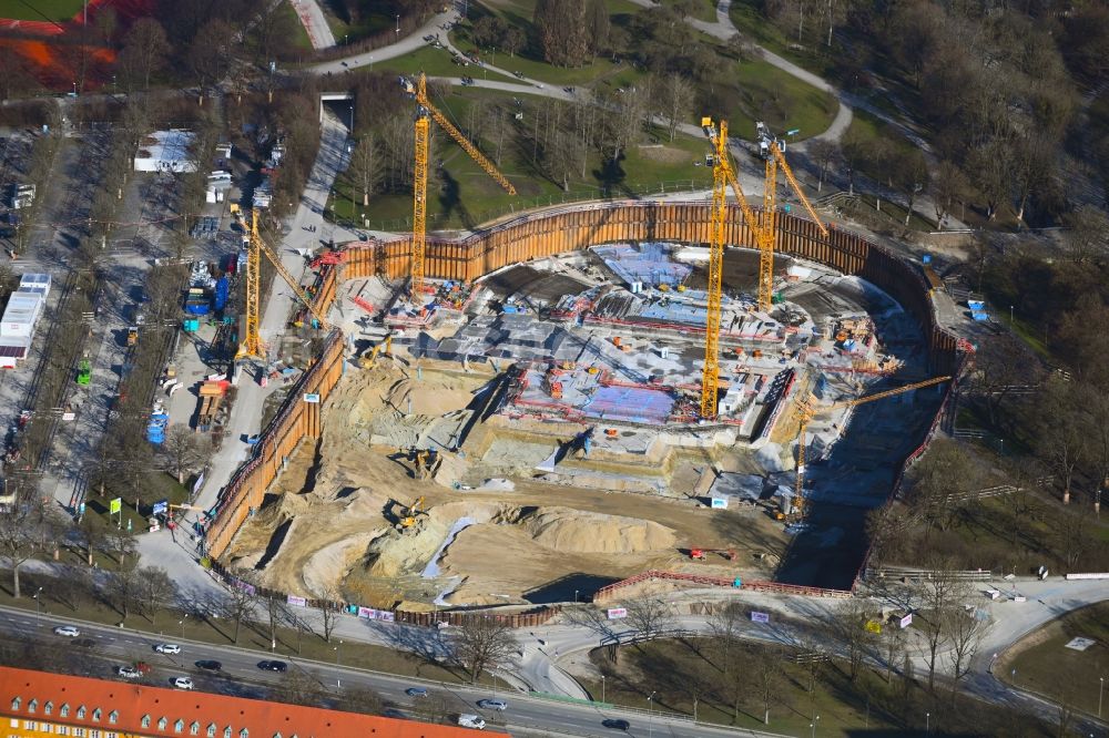 München von oben - Baustelle zum Neubau der Sporthalle SAP Garden im Ortsteil Milbertshofen-Am Hart in München im Bundesland Bayern, Deutschland