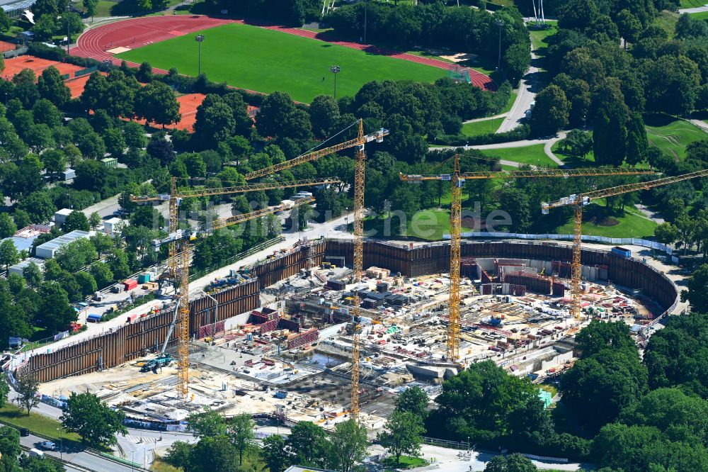 Luftaufnahme München - Baustelle zum Neubau der Sporthalle SAP Garden im Ortsteil Milbertshofen-Am Hart in München im Bundesland Bayern, Deutschland