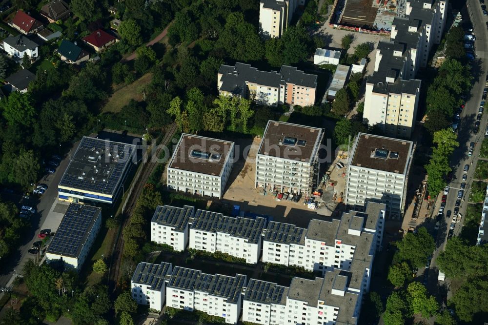 Luftbild Berlin - Baustelle zum Neubau eines Stadtvilla - Wohnhauses zwischen Zwickauer Damm und Theodor-Loos-Weg im Ortsteil Buckow in Berlin, Deutschland