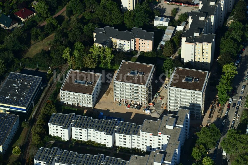 Luftaufnahme Berlin - Baustelle zum Neubau eines Stadtvilla - Wohnhauses zwischen Zwickauer Damm und Theodor-Loos-Weg im Ortsteil Buckow in Berlin, Deutschland