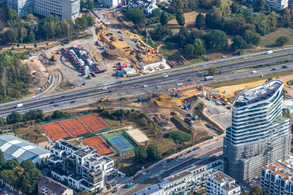 Luftbild Düsseldorf - Baustelle zum Neubau des Straßen- Brückenbauwerk der Bundesstraße B7 im Ortsteil Heerdt in Düsseldorf im Bundesland Nordrhein-Westfalen, Deutschland