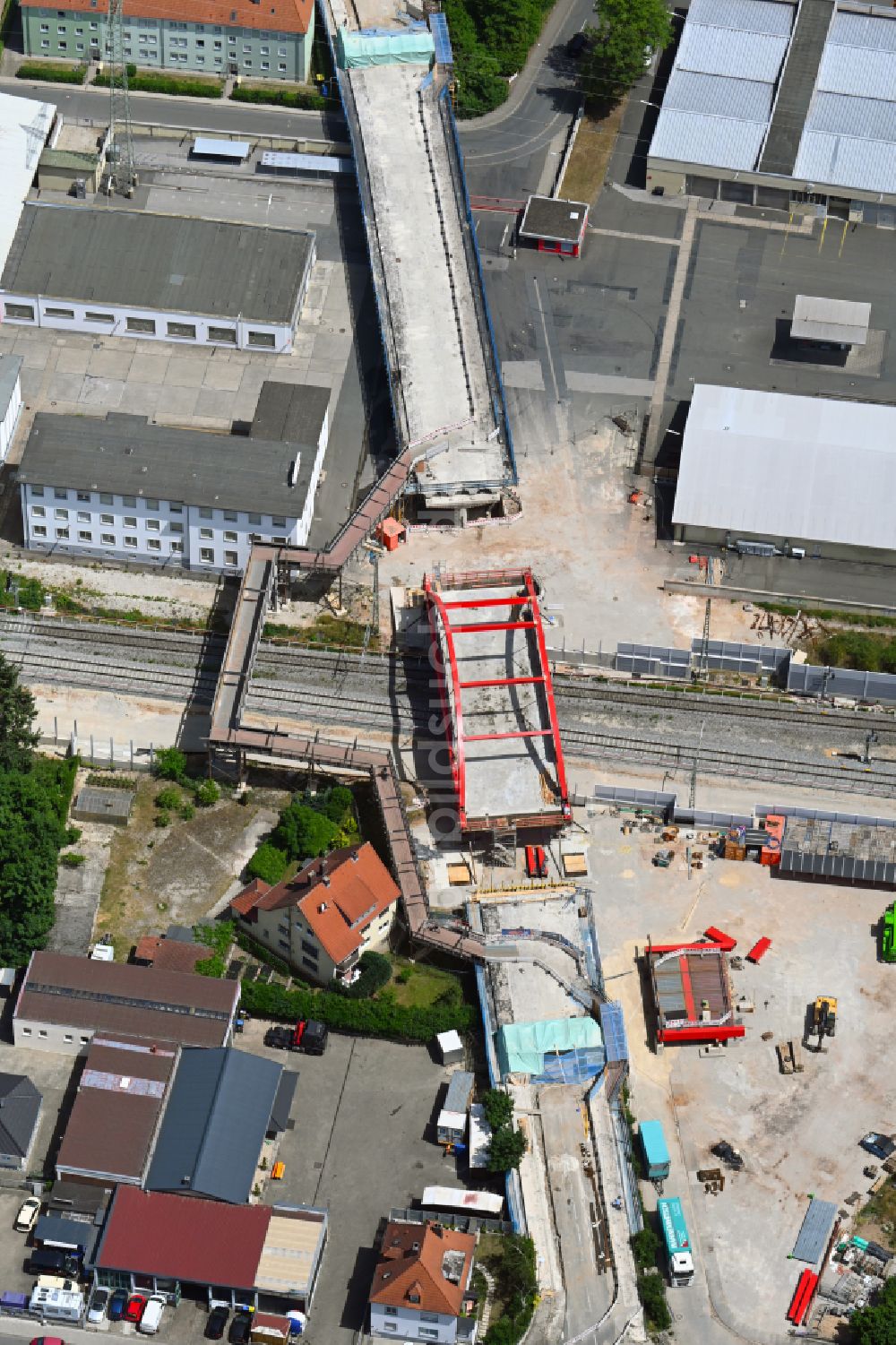 Luftbild Forchheim - Baustelle zum Neubau des Straßen- Brückenbauwerk Piastenbrücke in Forchheim im Bundesland Bayern, Deutschland