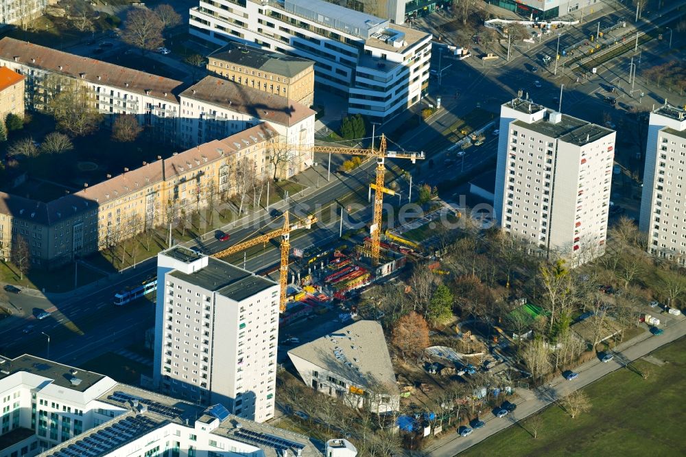 Luftbild Dresden - Baustelle zum Neubau eines Studenten- Wohnheim - Gebäude an der Grunaer Straße im Ortsteil Südvorstadt-Ost in Dresden im Bundesland Sachsen, Deutschland