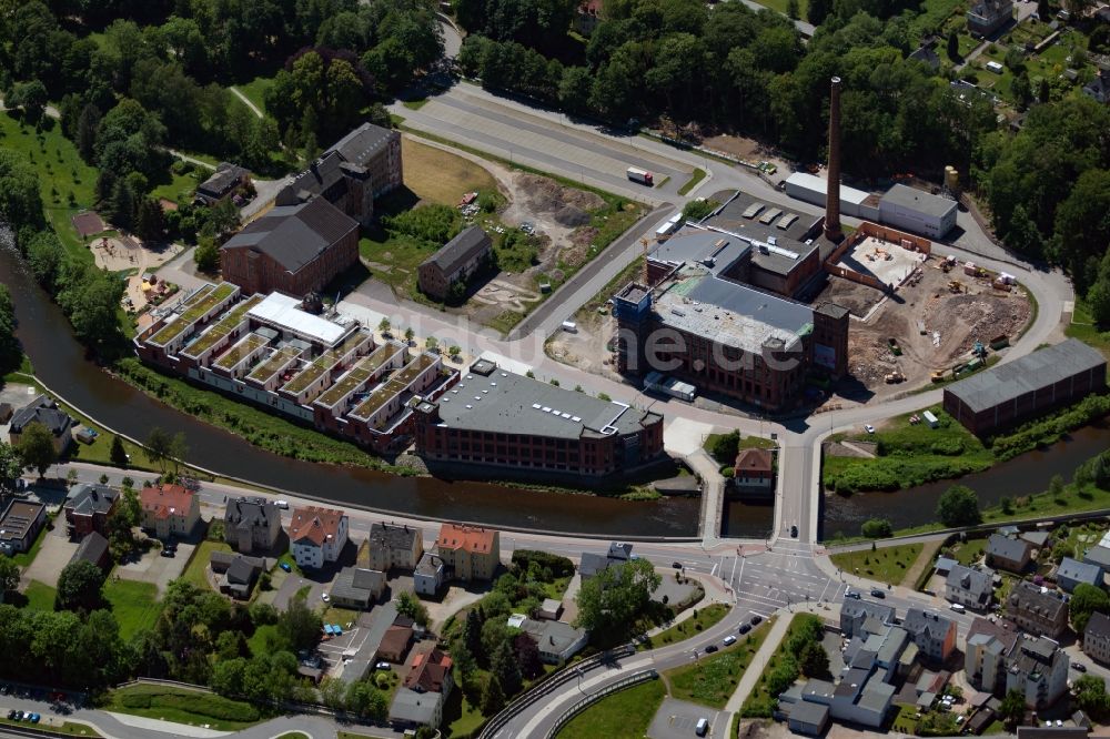 Luftaufnahme Flöha - Baustelle zum Neubau- Umbau des Gebäudekomplexes zu einem Einkaufszentrum in Flöha im Bundesland Sachsen, Deutschland