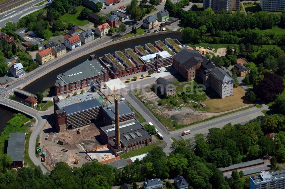 Flöha von oben - Baustelle zum Neubau- Umbau des Gebäudekomplexes zu einem Einkaufszentrum in Flöha im Bundesland Sachsen, Deutschland