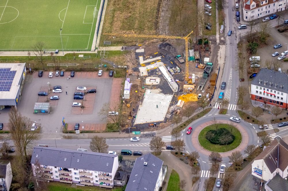 Gladbeck von oben - Baustelle zum Neubau des Vereinsheimes am SportPark Mottbruch in Gladbeck im Bundesland Nordrhein-Westfalen, Deutschland