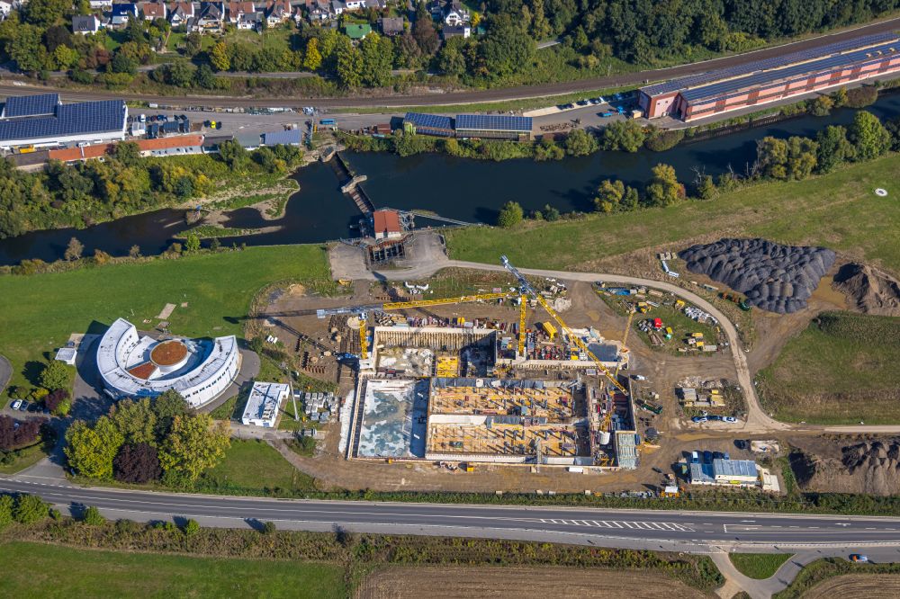 Luftaufnahme Menden (Sauerland) - Baustelle zum Neubau des Wasserwerks Halingen zur Trinkwasser- Aufbereitung an der Provinzialstraße in Menden (Sauerland) im Bundesland Nordrhein-Westfalen, Deutschland