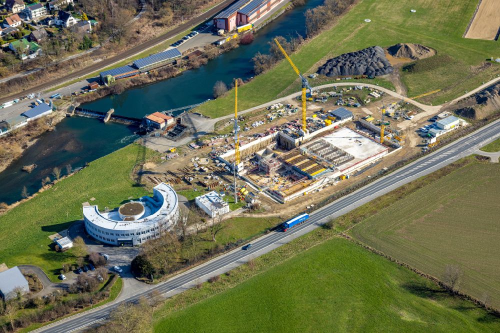 Luftaufnahme Menden (Sauerland) - Baustelle zum Neubau des Wasserwerks Halingen zur Trinkwasser- Aufbereitung an der Provinzialstraße in Menden (Sauerland) im Bundesland Nordrhein-Westfalen, Deutschland