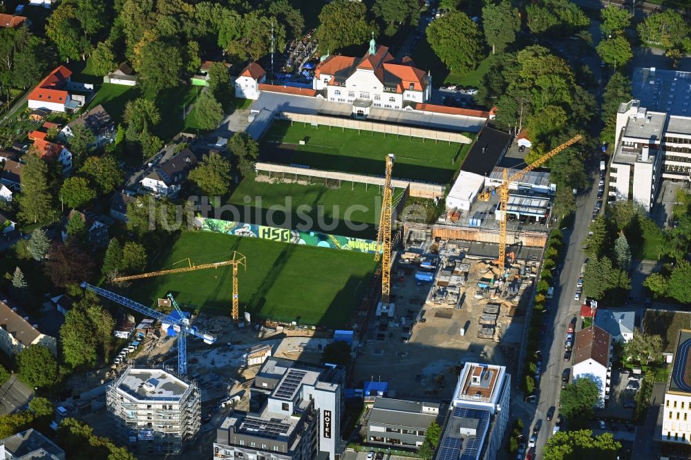 München von oben - Baustelle zum Neubau eines Wohn- und Geschäftshauses im Ortsteil Sendling-Westpark in München im Bundesland Bayern, Deutschland