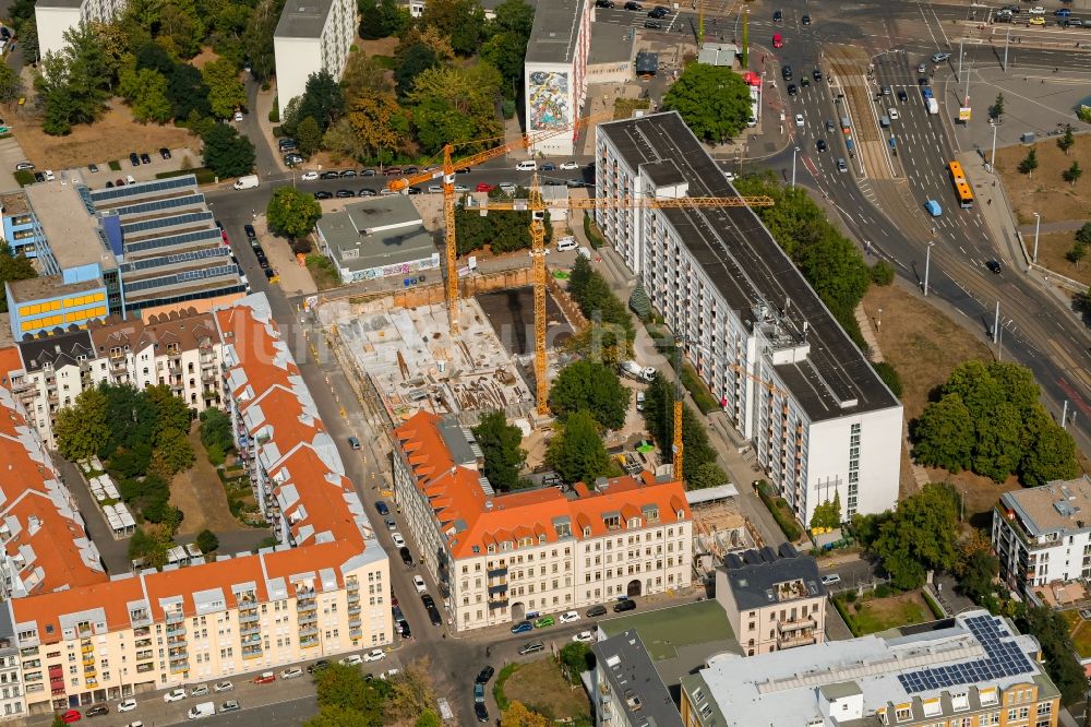 Leipzig von oben - Baustelle zum Neubau eines Wohnhauses an der Bernhard-Göring-Straße in Leipzig im Bundesland Sachsen, Deutschland