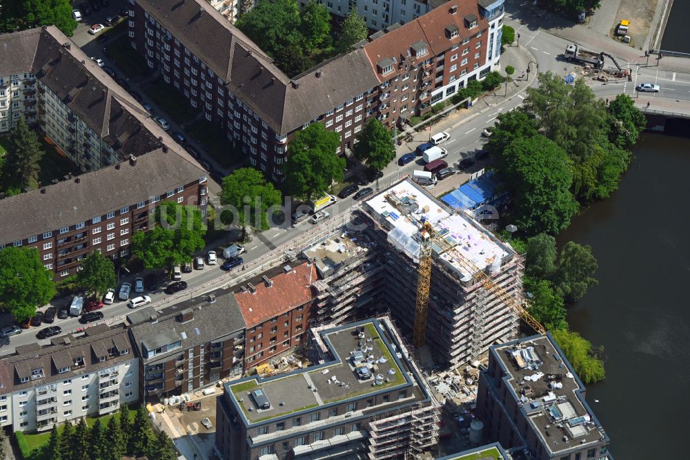 Hamburg aus der Vogelperspektive: Baustelle zum Neubau eines Wohnhauses im Blockhouse-Quartier an der Hufnerstraße - Osterbekkai in Hamburg, Deutschland