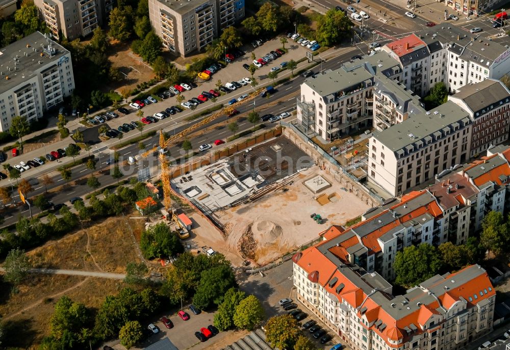 Luftaufnahme Leipzig - Baustelle zum Neubau eines Wohnhauses im Ortsteil Reudnitz in Leipzig im Bundesland Sachsen, Deutschland