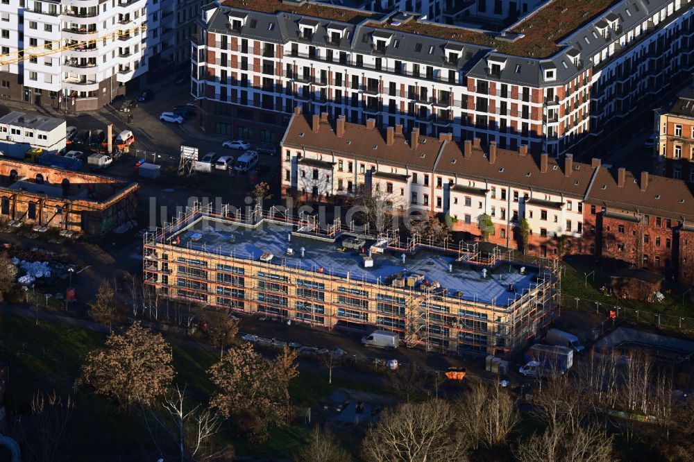 Luftbild Leipzig - Baustelle zum Neubau eines Wohnhauses an der Reichpietschstraße in Leipzig im Bundesland Sachsen, Deutschland