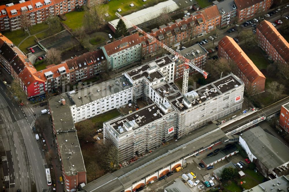 Luftbild Hamburg - Baustelle zum Neubau eines Wohnhauses an der Vogelweide im Ortsteil Barmbek-Süd in Hamburg, Deutschland