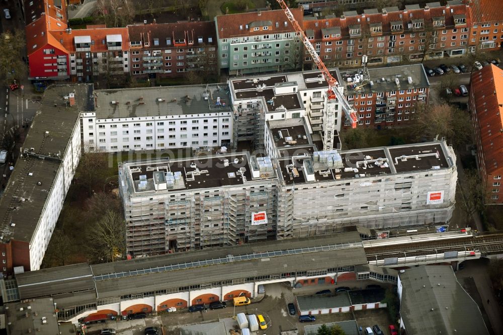 Hamburg von oben - Baustelle zum Neubau eines Wohnhauses an der Vogelweide im Ortsteil Barmbek-Süd in Hamburg, Deutschland