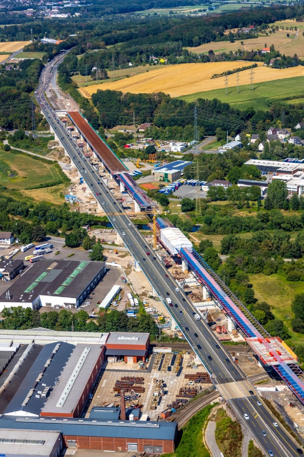 Hagen von oben - Baustelle zum Sanierung und Instandsetzung des Autobahn- Brückenbauwerk Lennetalbrücke der BAB A45 in Hagen im Bundesland Nordrhein-Westfalen, Deutschland