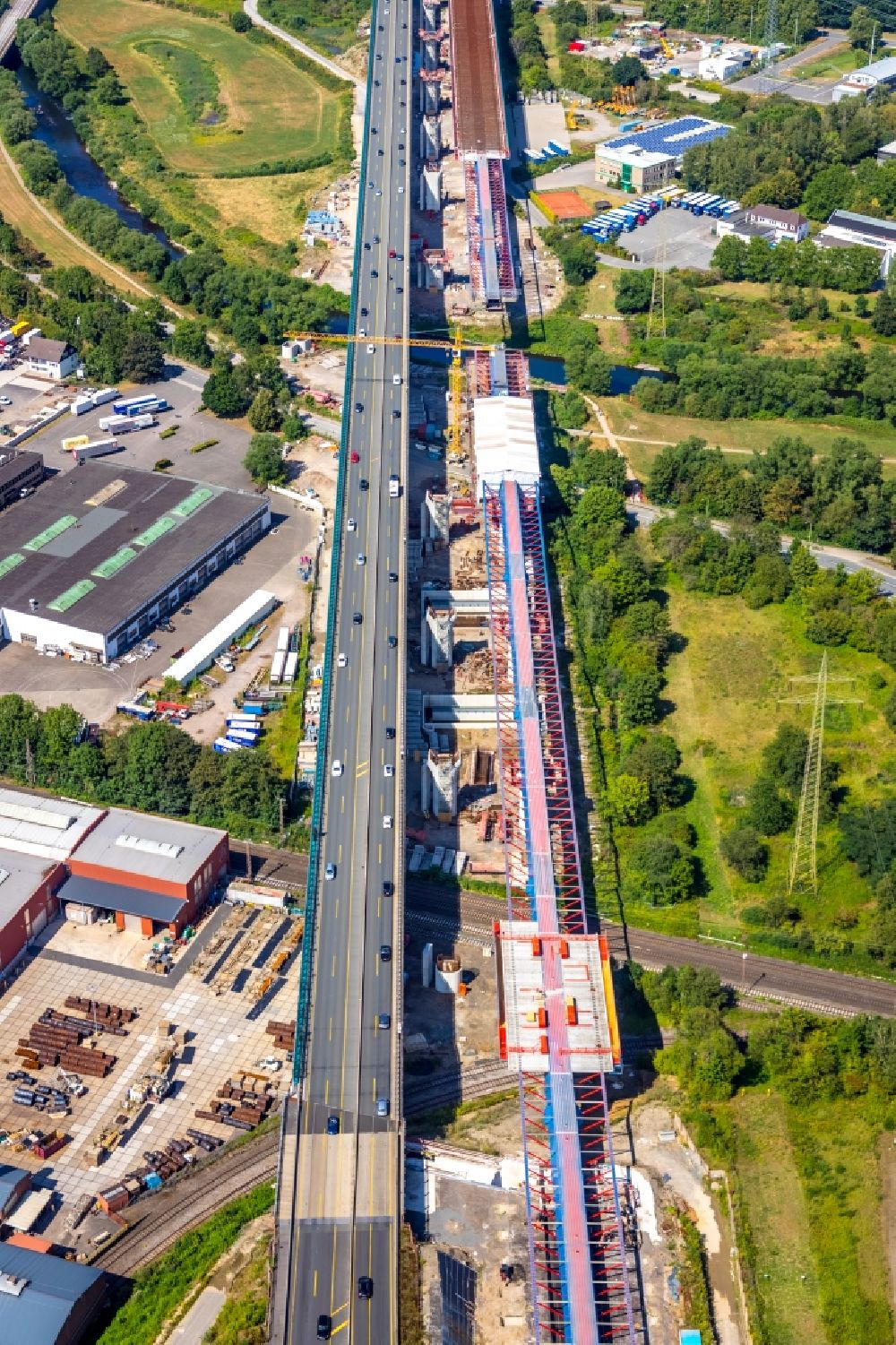 Luftbild Hagen - Baustelle zum Sanierung und Instandsetzung des Autobahn- Brückenbauwerk Lennetalbrücke der BAB A45 in Hagen im Bundesland Nordrhein-Westfalen, Deutschland