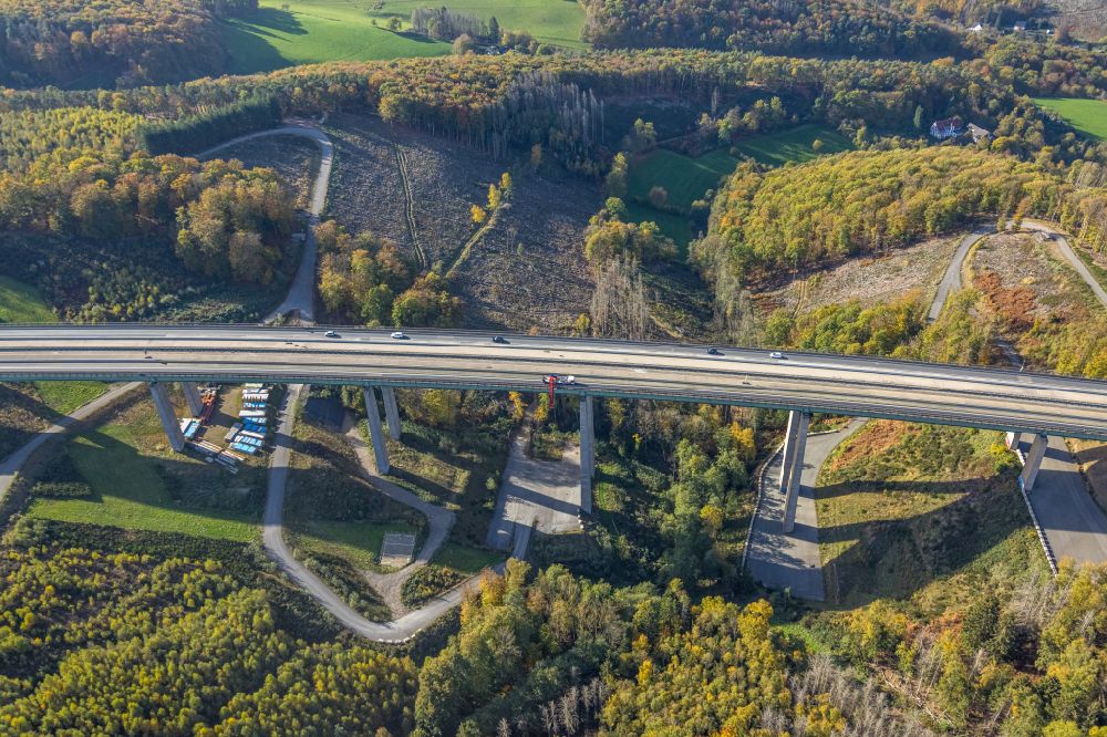 Luftaufnahme Hagen - Baustelle zum Sanierung und Instandsetzung des Autobahn- Brückenbauwerk Talbrücke Kattenohl der BAB A45 in Hagen im Bundesland Nordrhein-Westfalen, Deutschland