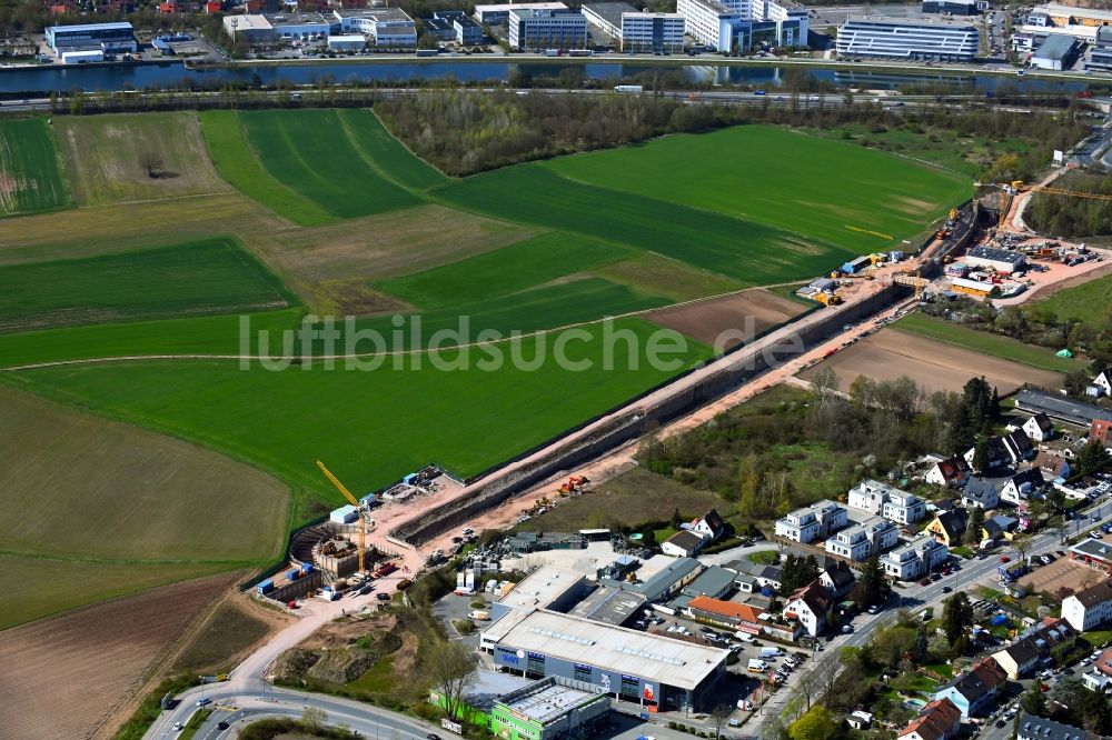 Luftaufnahme Nürnberg - Baustelle zum Schienen- Tunnel- Neubau der U-Bahn in Nürnberg im Bundesland Bayern, Deutschland