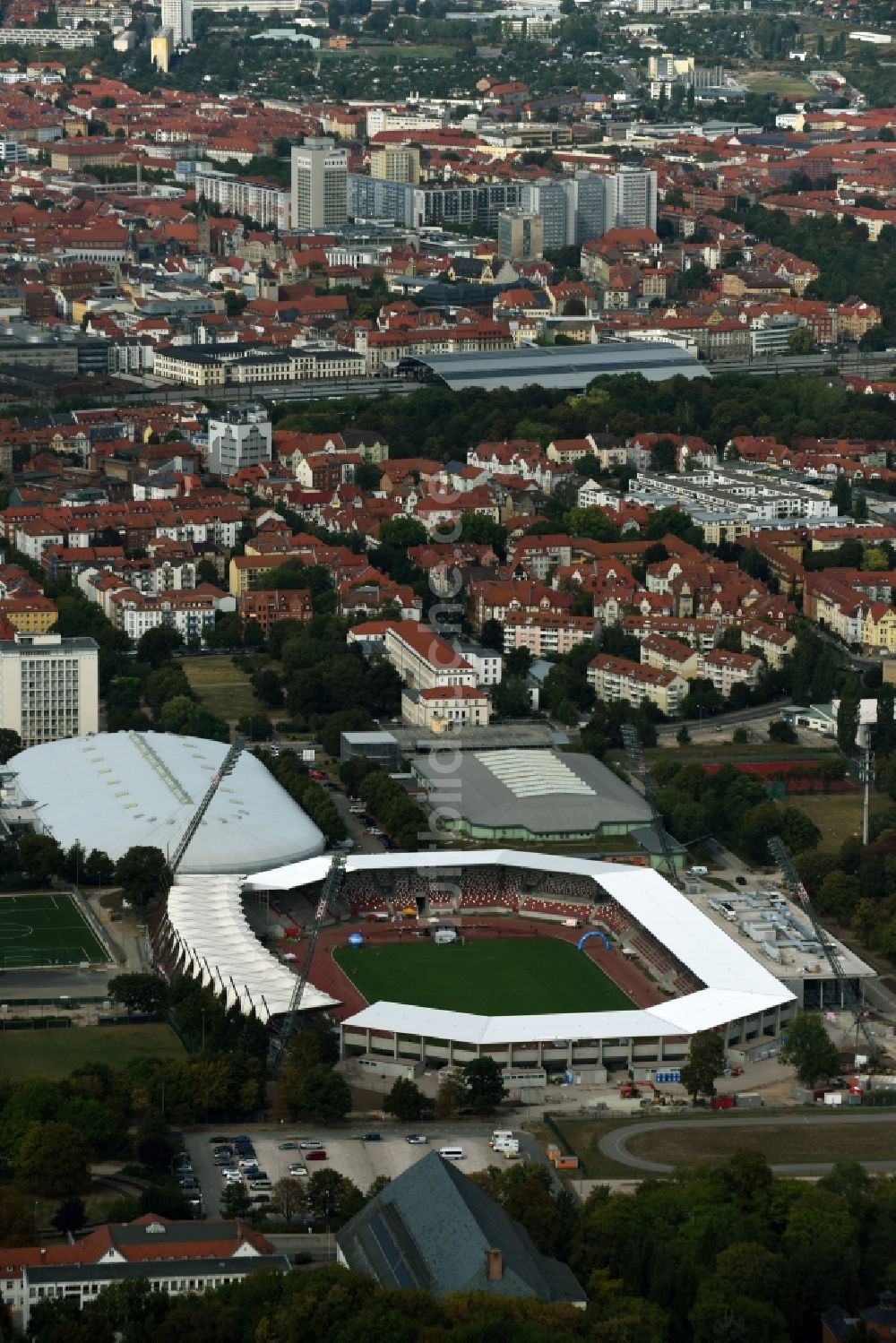 Luftaufnahme Erfurt - Baustelle zum Umbau der Arena des Stadion Steigerwaldstadion in Erfurt im Bundesland Thüringen