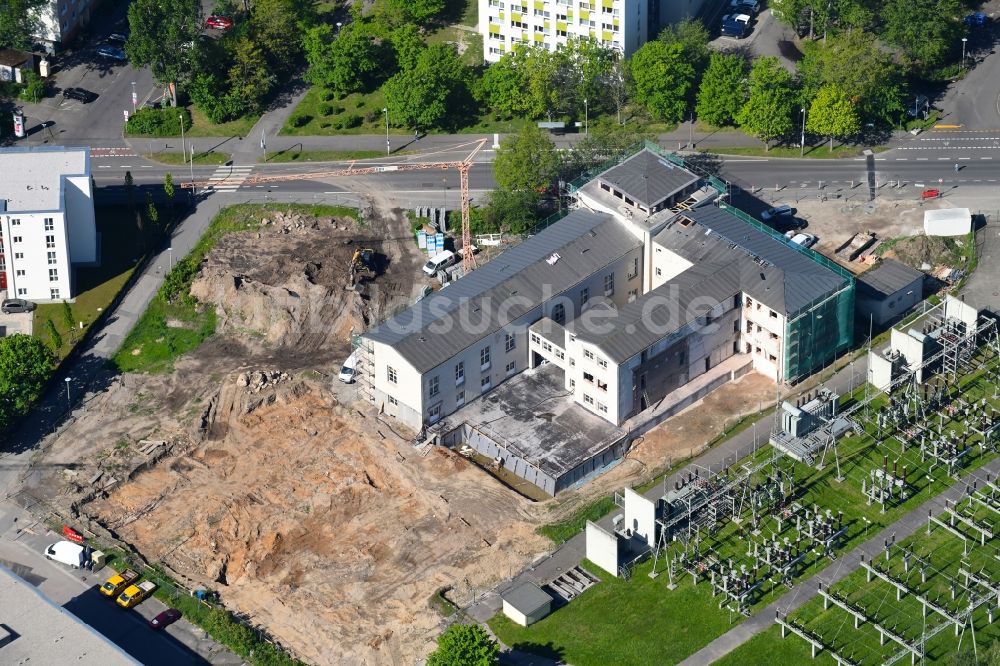 Luftaufnahme Leipzig - Baustelle zum Umbau des ehemaligen Umspannwerk zu einem Mehrfamilienhaus in Leipzig im Bundesland Sachsen, Deutschland