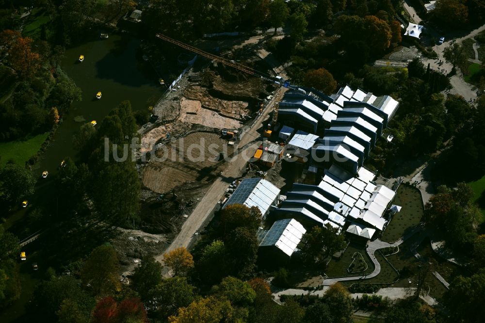 Luftbild Mannheim - Baustelle zum Umbau der Parkanlage Luisenpark in Mannheim im Bundesland Baden-Württemberg, Deutschland
