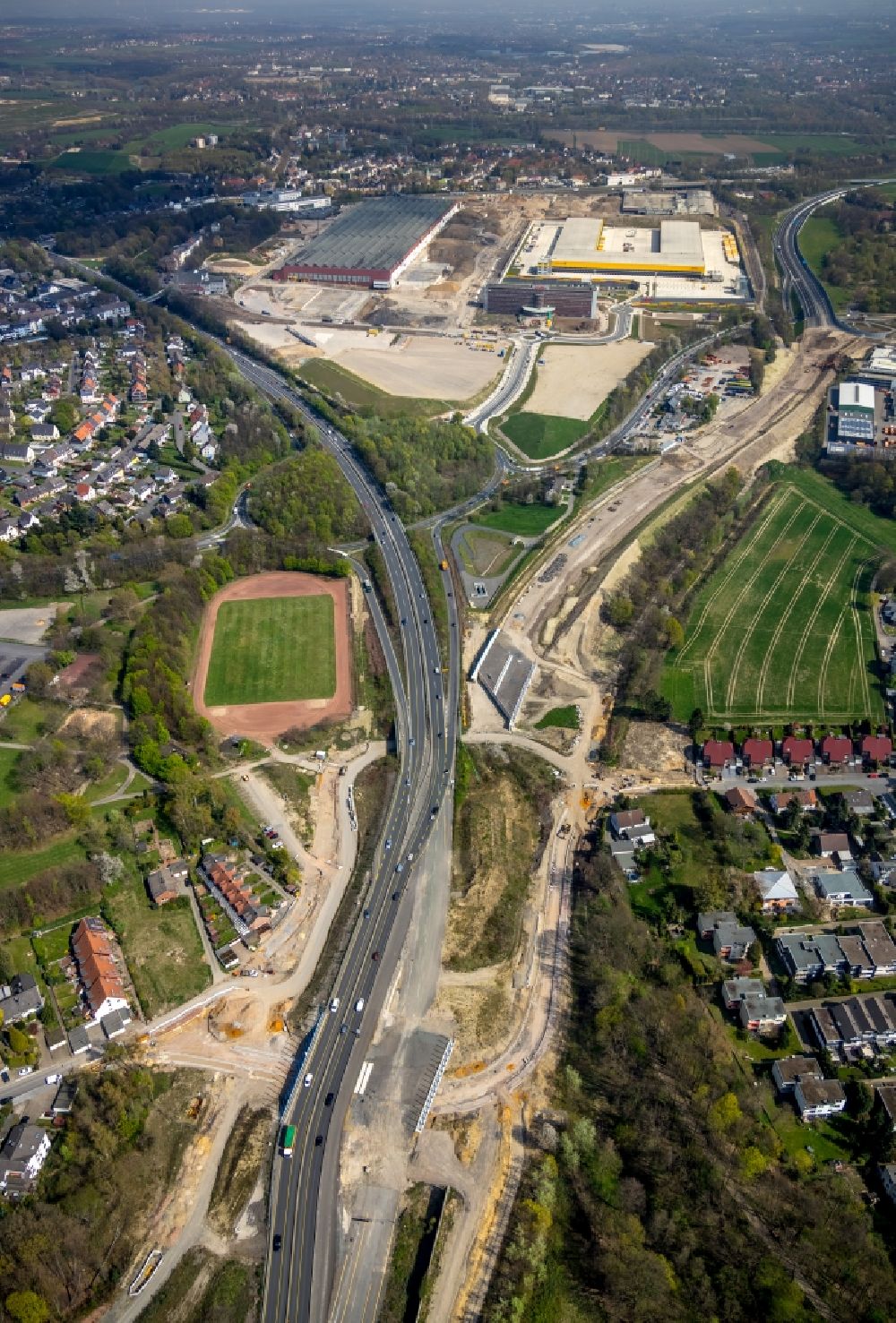 Luftbild Bochum - Baustelle zur Erneuerung und Sanierung des Straßenverlaufes des Nordhaussen-Ring in Bochum im Bundesland Nordrhein-Westfalen, Deutschland