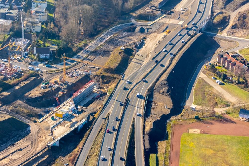 Luftaufnahme Bochum - Baustelle zur Erneuerung und Sanierung des Straßenverlaufes des Nordhaussen-Ring in Bochum im Bundesland Nordrhein-Westfalen, Deutschland
