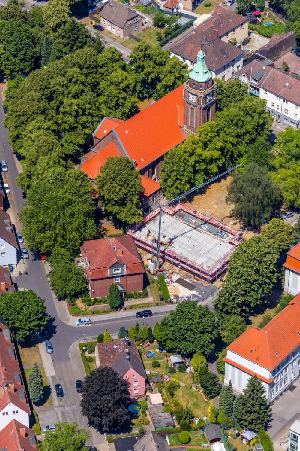 Luftbild Gelsenkirchen - Baustelle zur Errichtung eines KITA- Kindergarten im Ortsteil Hassel in Gelsenkirchen im Bundesland Nordrhein-Westfalen, Deutschland