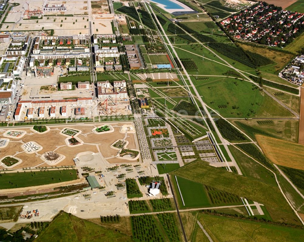 München von oben - Baustelle zur Errichtung einer neuen Parkanlage anläßlich der Bundesgartenschau in München im Bundesland Bayern, Deutschland