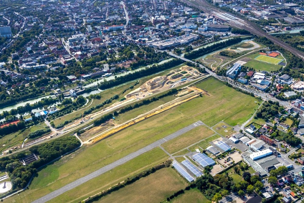 Luftaufnahme Hamm - Baustelle zur Errichtung einer neuen Parkanlage Erlebensraum Lippeaue neben dem Flughafen in Hamm im Bundesland Nordrhein-Westfalen, Deutschland
