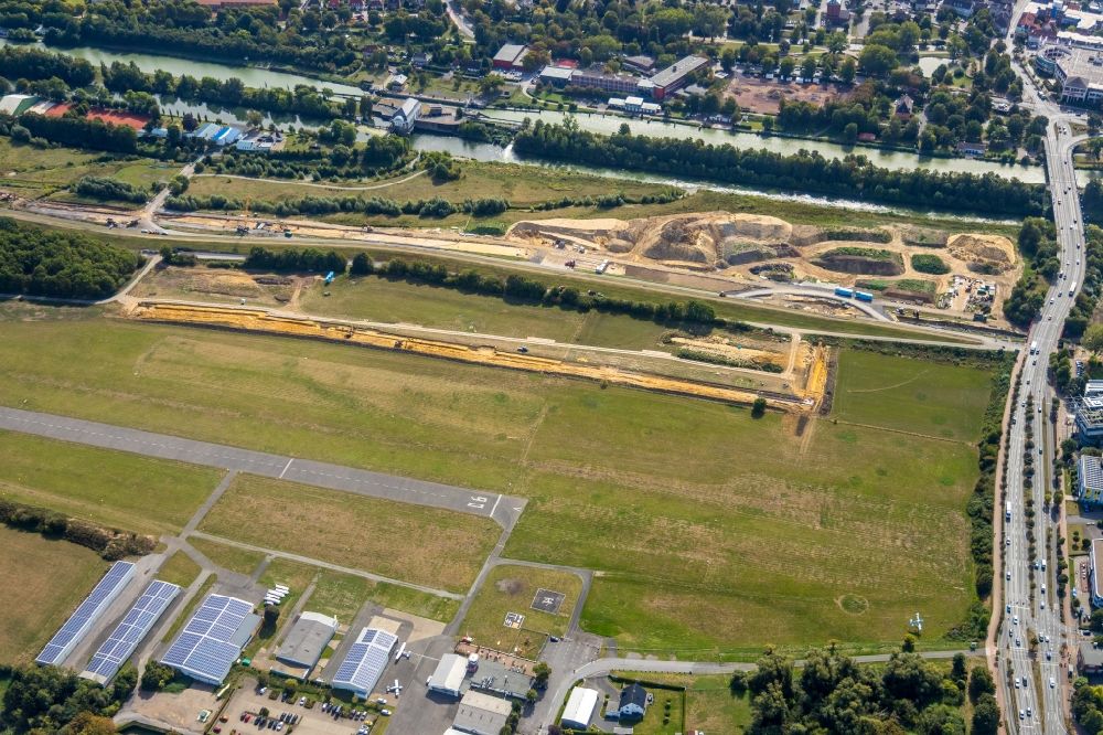 Hamm von oben - Baustelle zur Errichtung einer neuen Parkanlage Erlebensraum Lippeaue neben dem Flughafen in Hamm im Bundesland Nordrhein-Westfalen, Deutschland